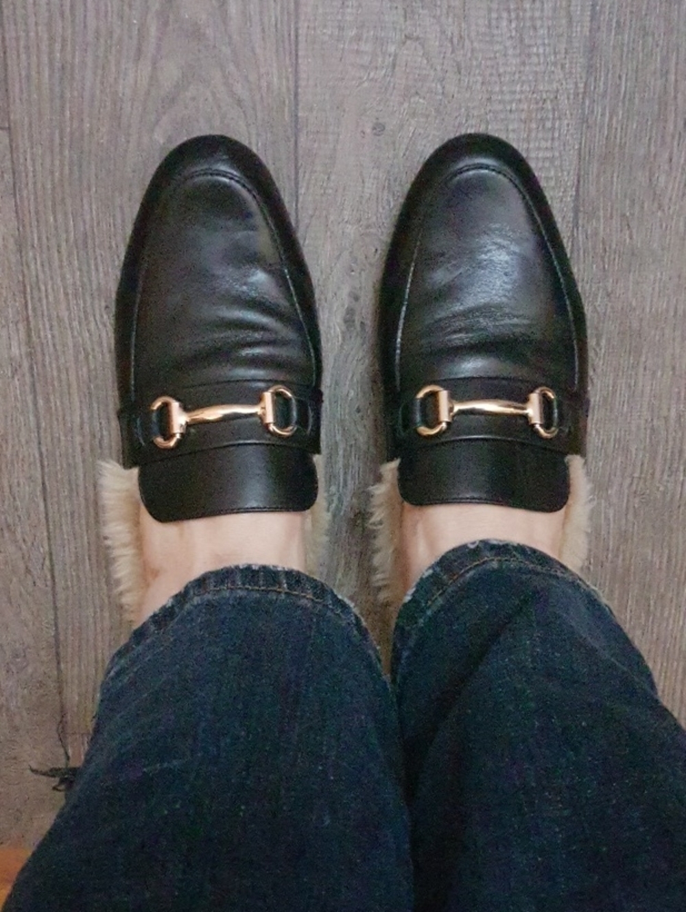 Black Leather Fur-Lined Women's Bit Loafers